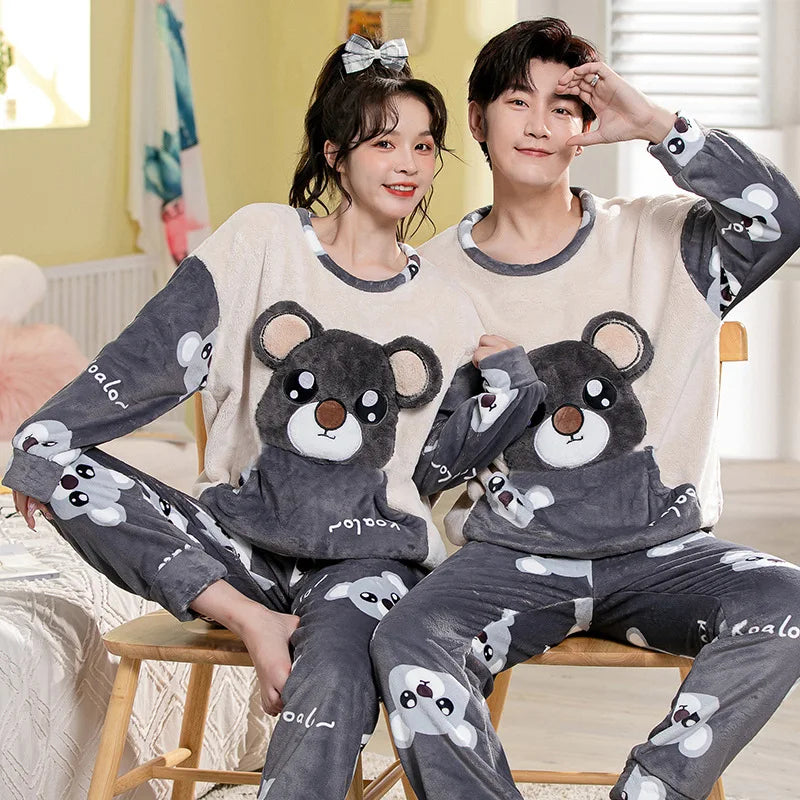 Winter Long Sleeve Thick Warm Flannel Pajama Set for Men Coral Velvet Cartoon Couple Sleepwear Pyjamas Women Homewear Clothes