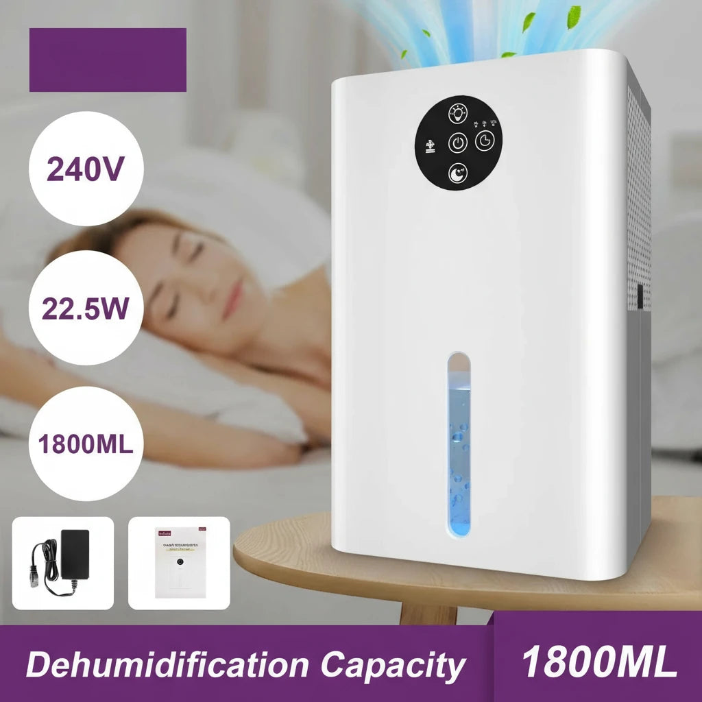 White dehumidifier on a wooden surface with a blurred background of a person sleeping.