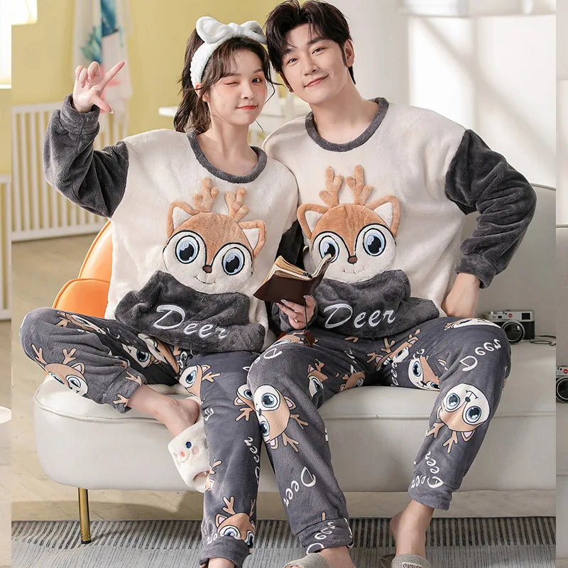 Winter Long Sleeve Thick Warm Flannel Pajama Set for Men Coral Velvet Cartoon Couple Sleepwear Pyjamas Women Homewear Clothes