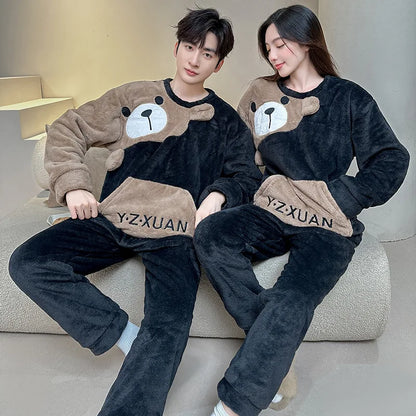 Winter Long Sleeve Thick Warm Flannel Pajama Set