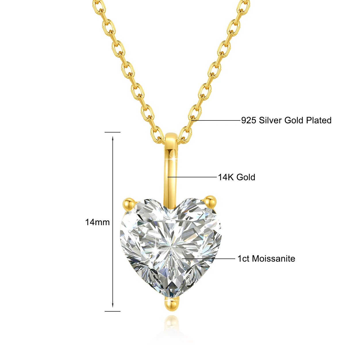 Heart-shaped diamond pendant with gold chain on a white background