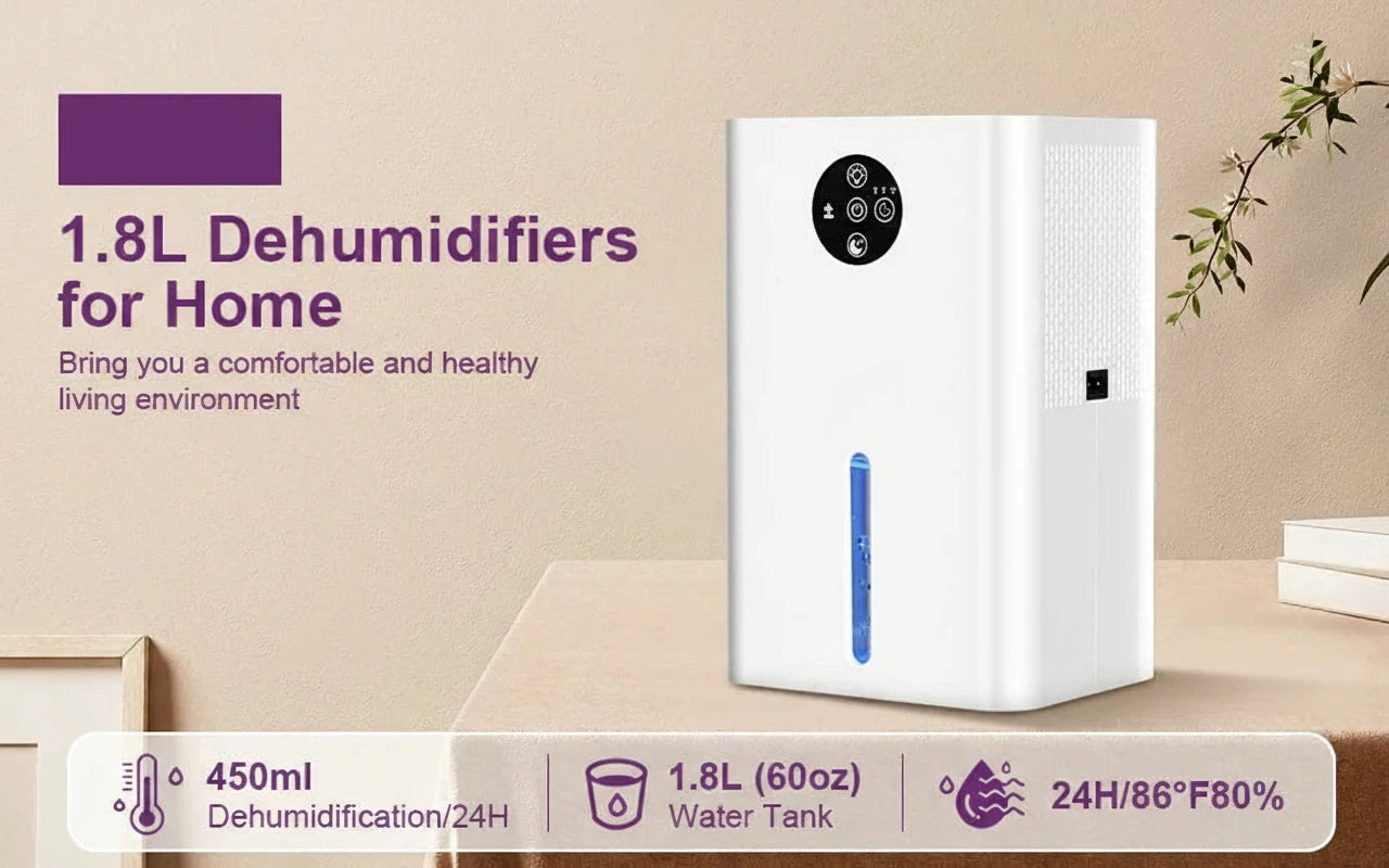 1.8L dehumidifier on a table with text about its features and benefits.