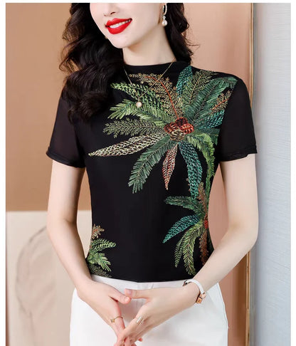 Eclipse Printed Mesh Knit Top – Summer 2026 Trend Half-Collar Base Layer