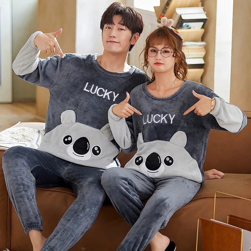 Couple Pajamas Set Winter Flannel Pyjamas Women Home Wear Nightwear 2Pcs Men's Sleepwear Cartoon Panda Pijama Warm Clothes Suit
