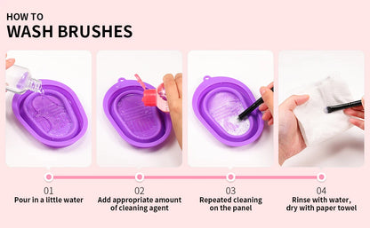 Step-by-step guide on how to wash brushes with a pink background