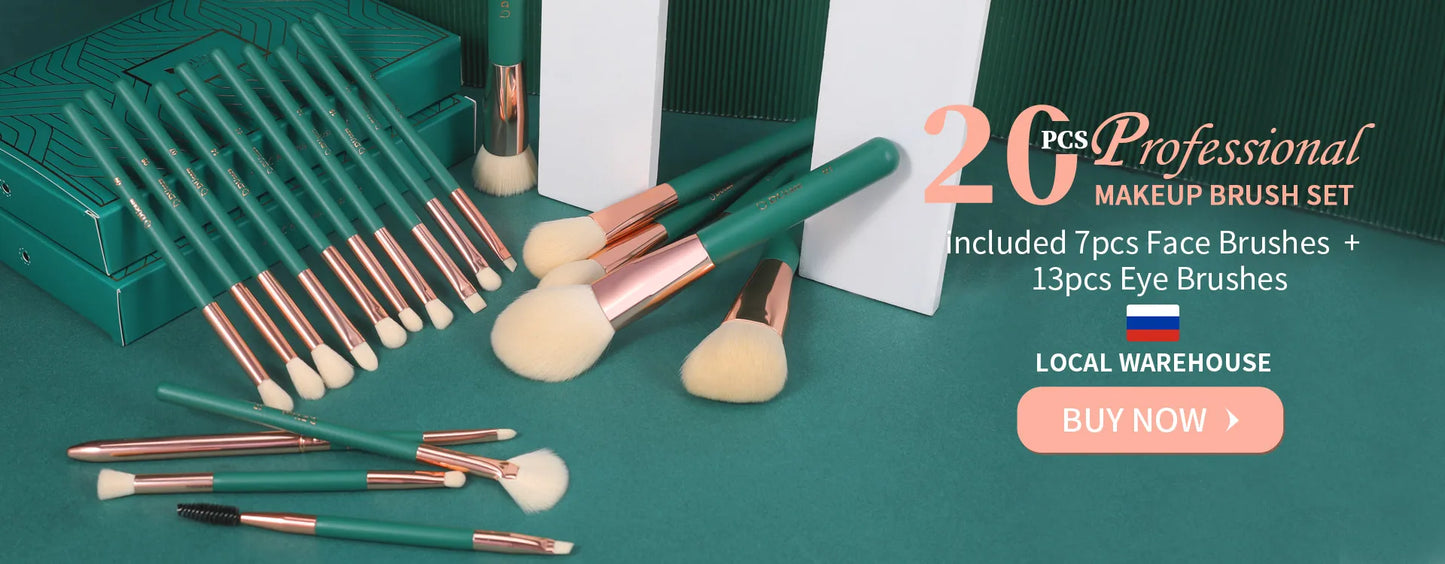 20-piece professional makeup brush set with green and rose gold handles on a teal background.