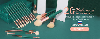20-piece professional makeup brush set with green and rose gold handles on a teal background.