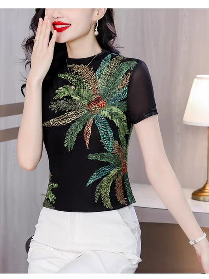 Eclipse Printed Mesh Knit Top – Summer 2026 Trend Half-Collar Base Layer
