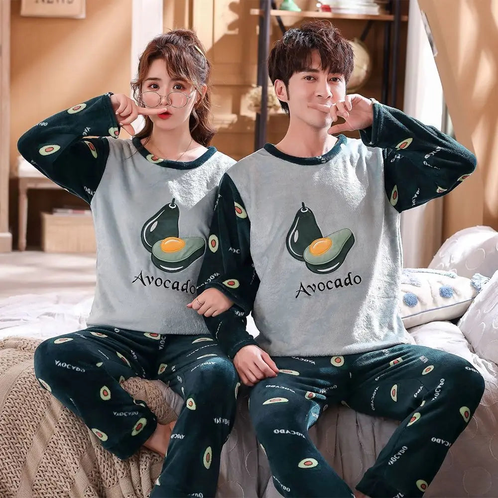 Couple Pajamas Set Winter Flannel Pyjamas Women Home Wear Nightwear 2Pcs Men's Sleepwear Cartoon Panda Pijama Warm Clothes Suit