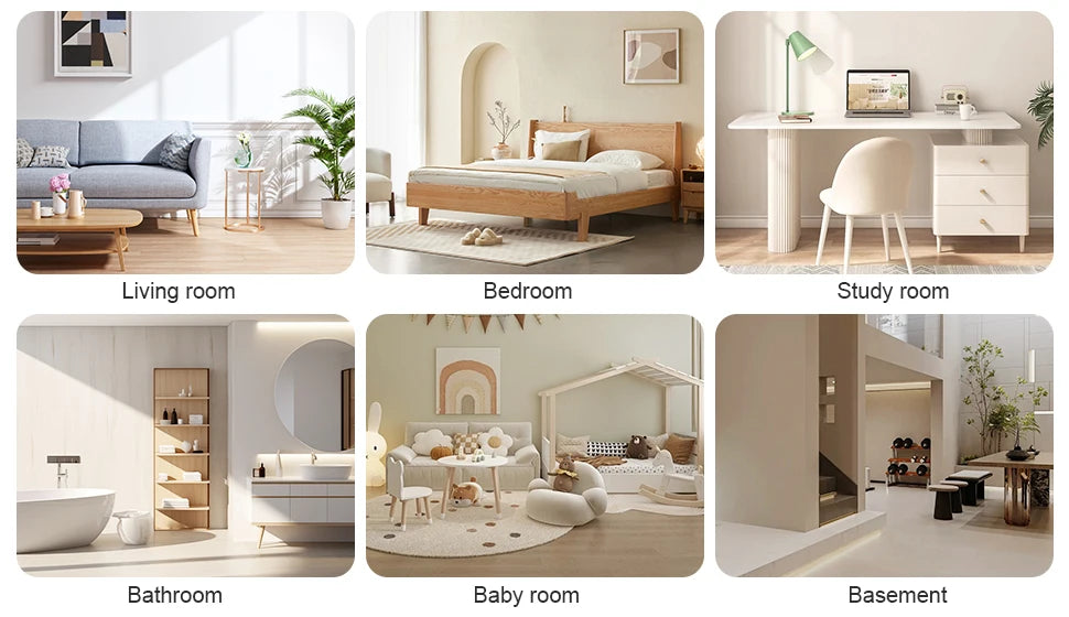 Collage of different rooms including living room, bedroom, study room, bathroom, baby room, and basement.