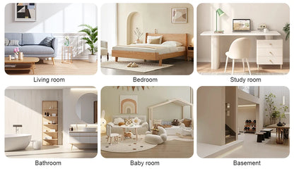 Collage of different rooms including living room, bedroom, study room, bathroom, baby room, and basement.