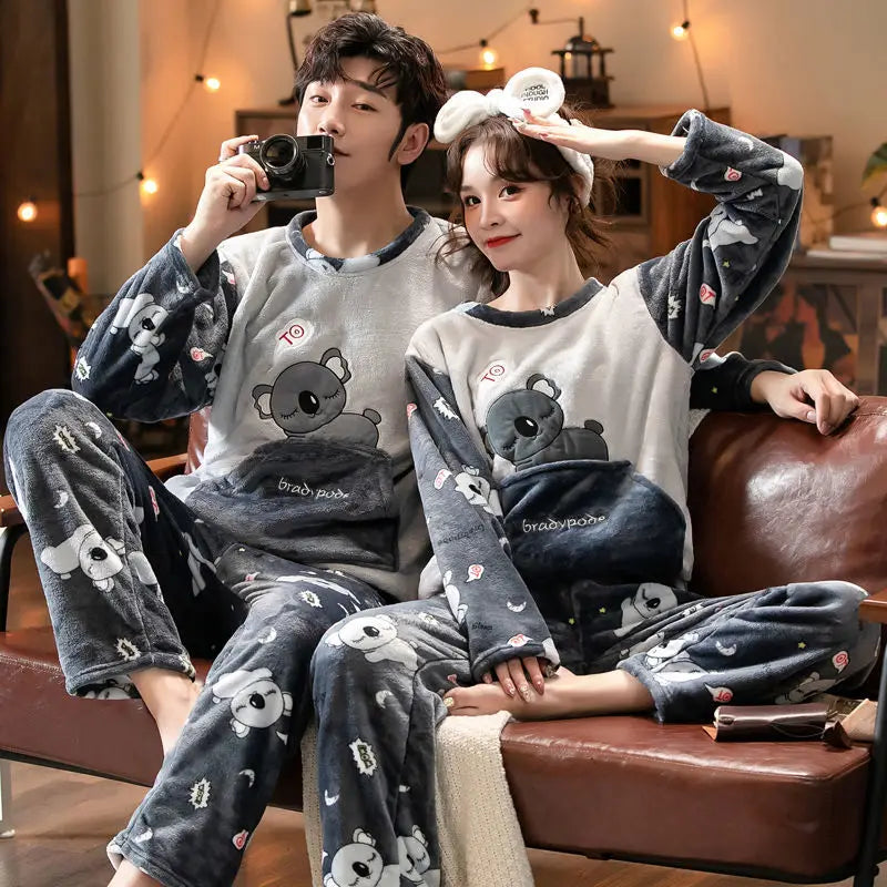 Winter Long Sleeve Thick Warm Flannel Pajama Set for Men Coral Velvet Cartoon Couple Sleepwear Pyjamas Women Homewear Clothes