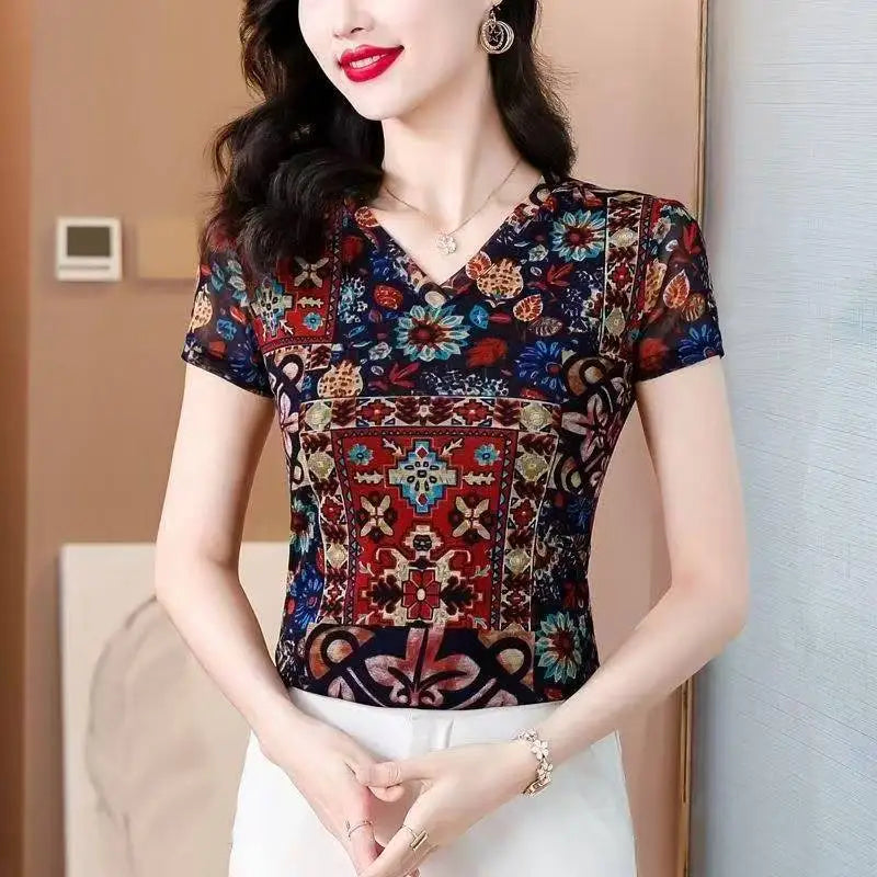 Eclipse Printed Mesh Knit Top – Summer 2026 Trend Half-Collar Base Layer