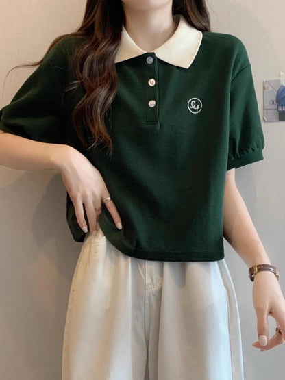 Preppy Summer Knit Tee – Geometric Patchwork Short Sleeve Top for Teens