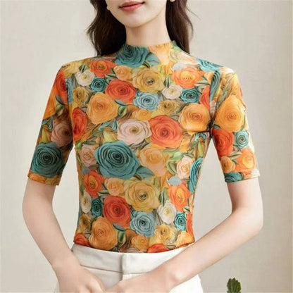 Eclipse Printed Mesh Knit Top – Summer 2026 Trend Half-Collar Base Layer