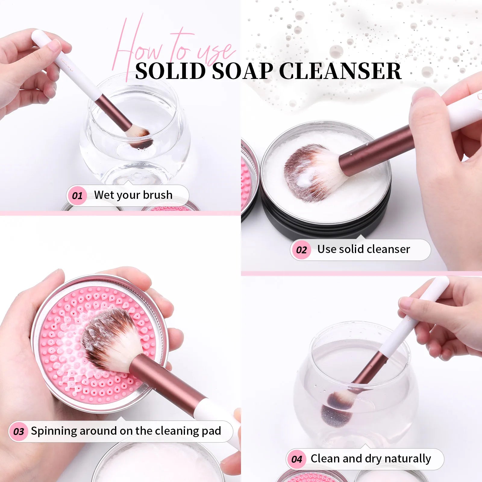 Step-by-step guide on using a solid soap cleanser with a brush.