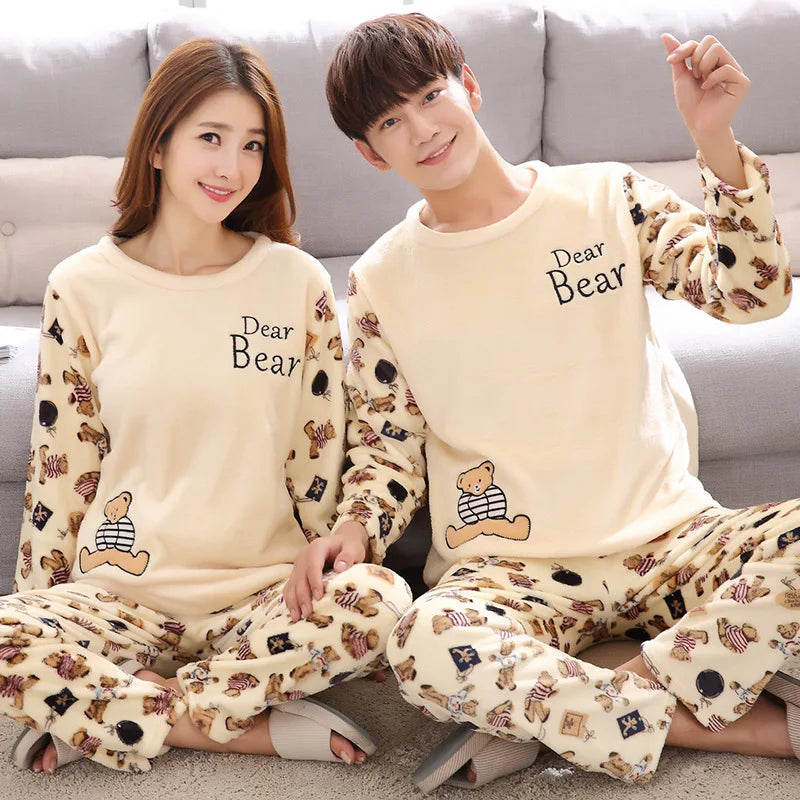 Winter Long Sleeve Thick Warm Flannel Pajama Set for Men Coral Velvet Cartoon Couple Sleepwear Pyjamas Women Homewear Clothes