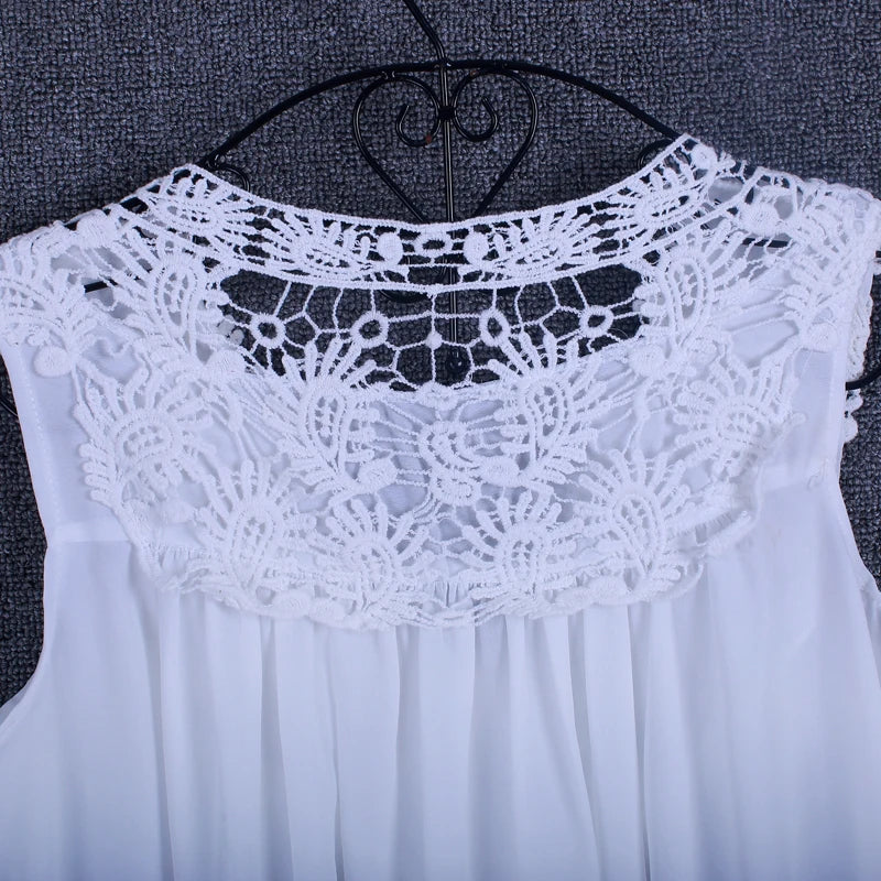 Lace Trim Chiffon Blouse - Women’s V-Neck Loose Casual Summer Shirt