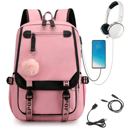 Pink Black Laptop Backpack For Students|USB