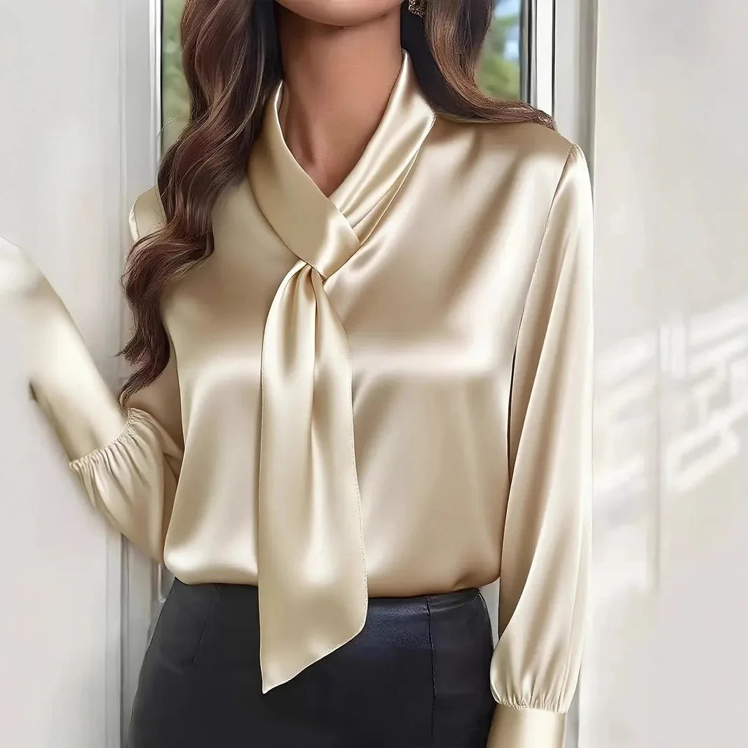 French Muse Elegant V-Neck Blouse – Slim Fit Long Sleeve Commute Shirt