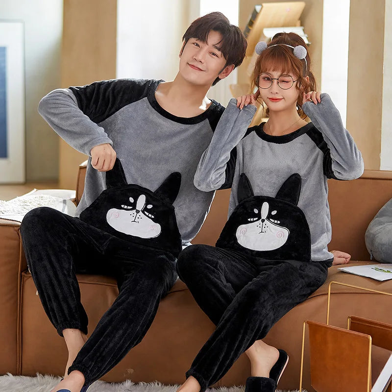 Winter Long Sleeve Thick Warm Flannel Pajama Set for Men Coral Velvet Cartoon Couple Sleepwear Pyjamas Women Homewear Clothes