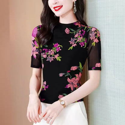 Eclipse Printed Mesh Knit Top – Summer 2026 Trend Half-Collar Base Layer