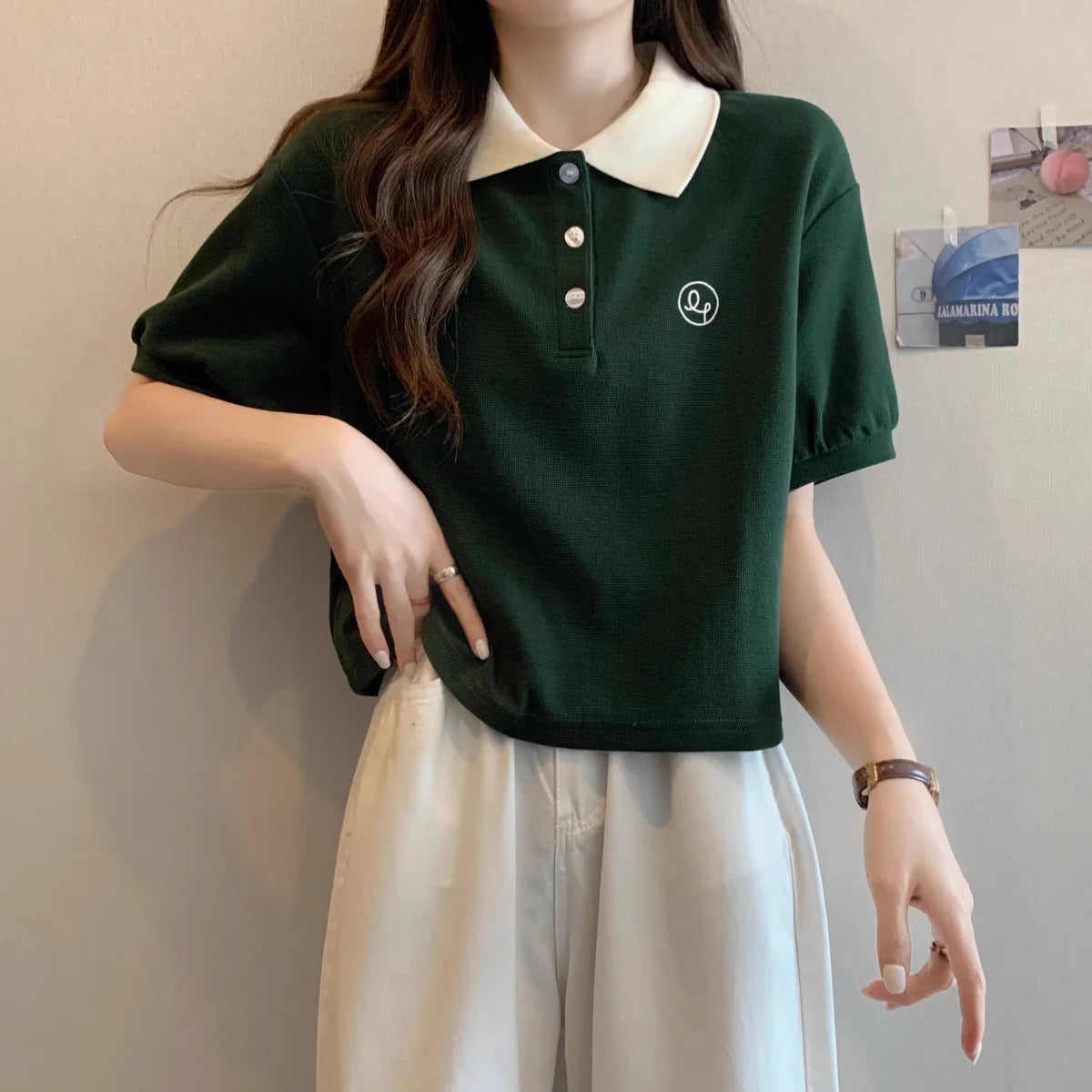 Preppy Summer Knit Tee – Geometric Patchwork Short Sleeve Top for Teens