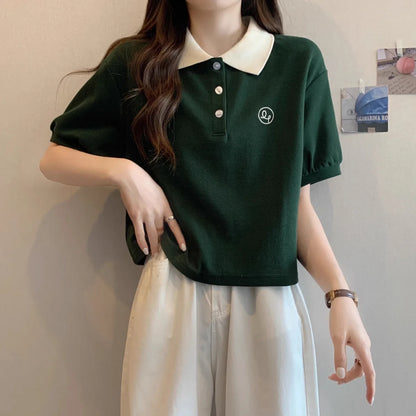 Preppy Summer Knit Tee – Geometric Patchwork Short Sleeve Top for Teens