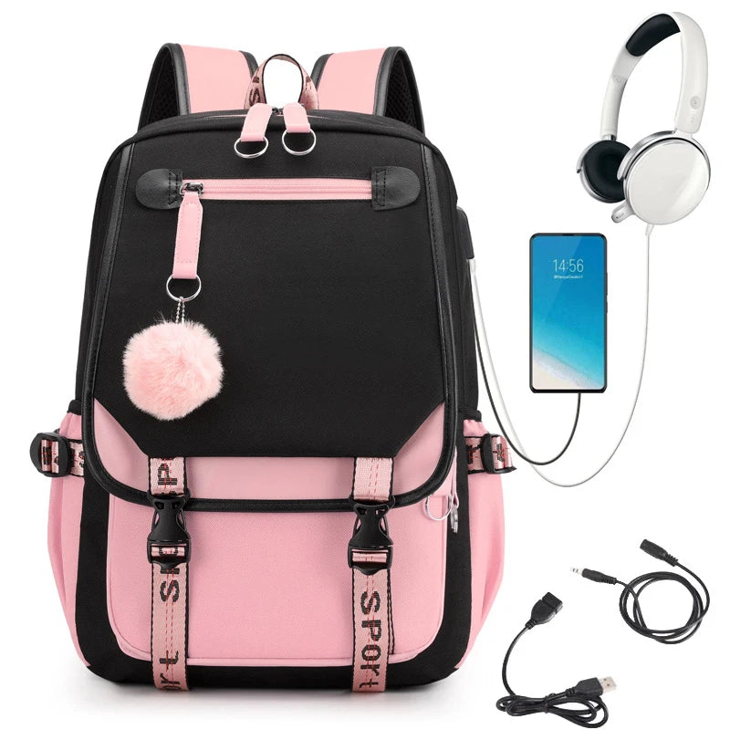 Pink Black Laptop Backpack For Students|USB