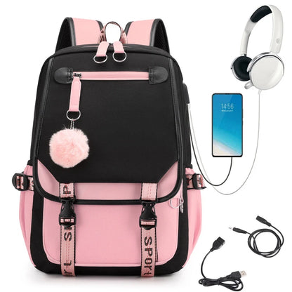 Pink Black Laptop Backpack For Students|USB