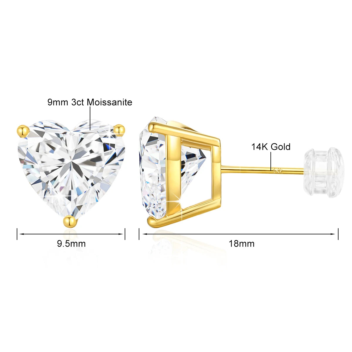 Gold and silver stud earrings with clear gemstones, labeled for size and material.