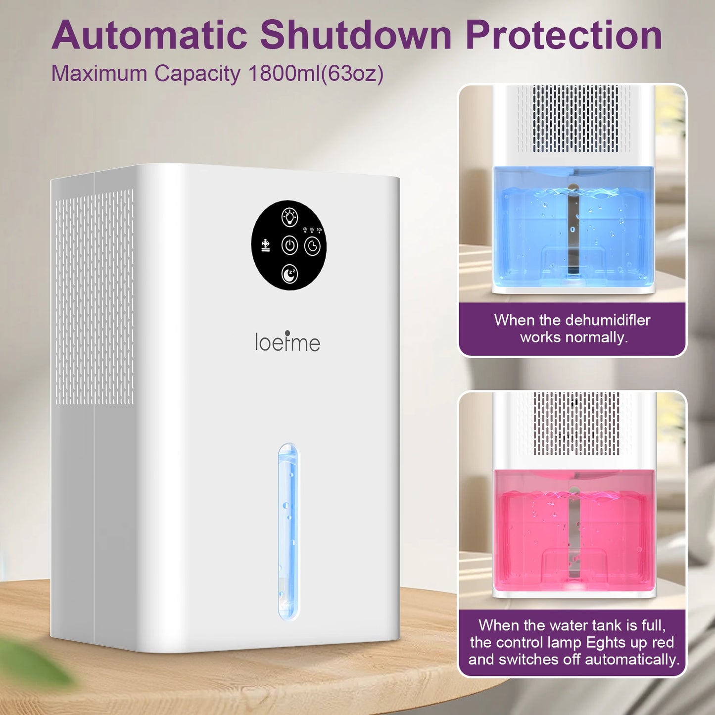 Loerme dehumidifier with water tank full indicator and automatic shutdown protection feature.