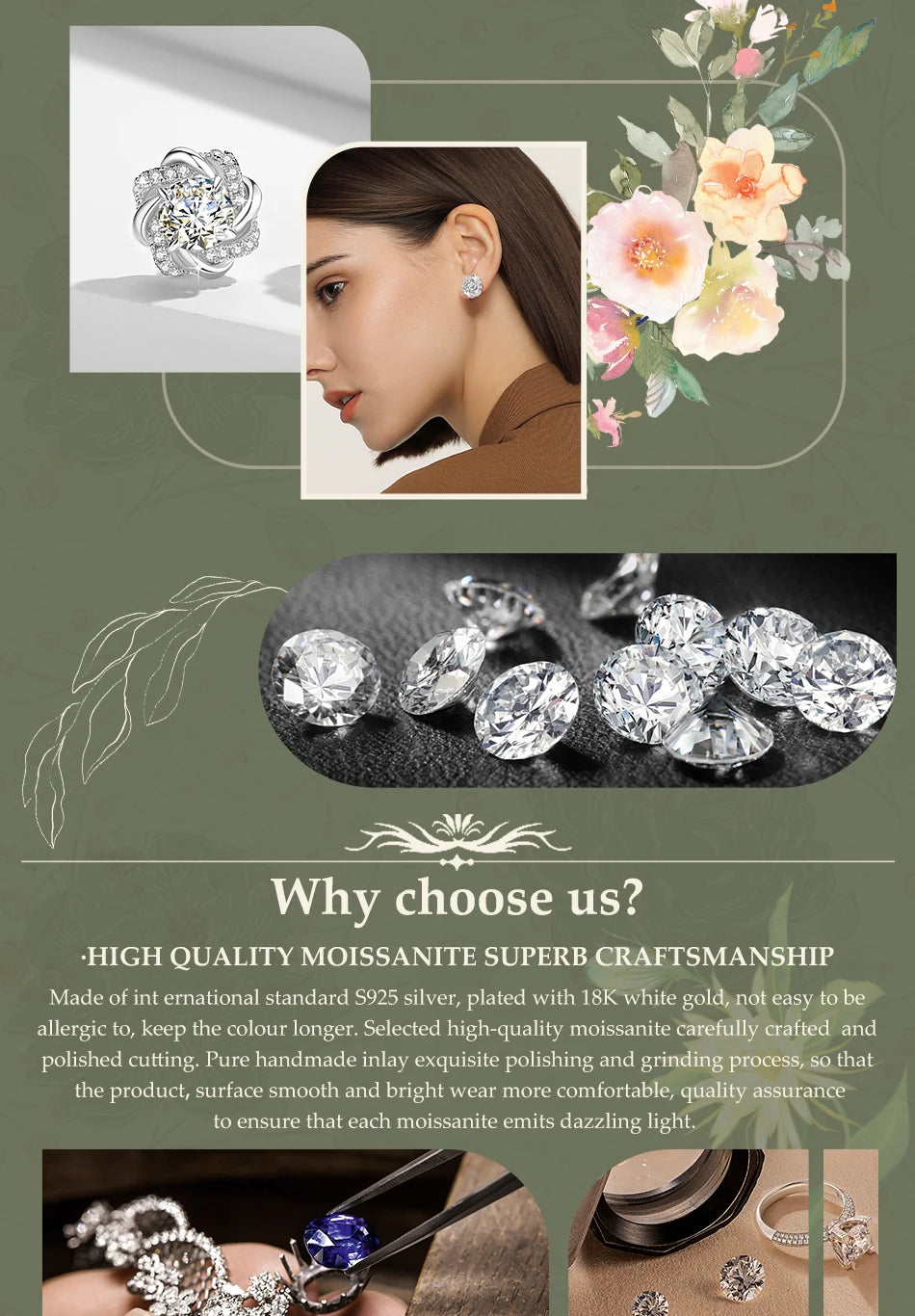 Advertisement for high-quality moissanite jewelry with images of earrings, a woman wearing earrings, and moissanites.