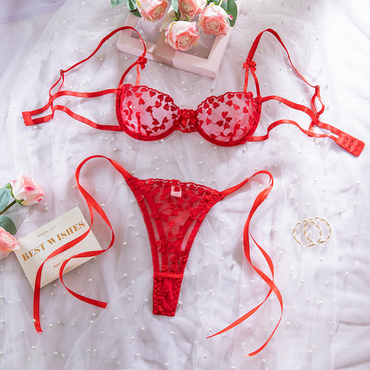 Luxurymania24 red embroidered heart lingerie set with sheer mesh bra and matching thong for romantic occasions