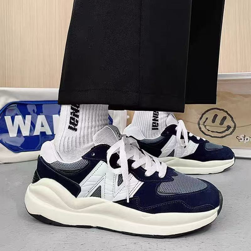 Ape Shark Grey Casual Shoes chunky navy and grey trainers with white sole and laces worn by model