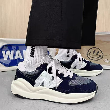 Ape Shark Grey Casual Shoes chunky navy and grey trainers with white sole and laces worn by model