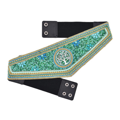 Green beaded boho flower waist belt for women with tree of life medallion and elastic snap straps