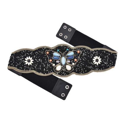 Black beaded boho flower waist belt for women with central butterfly gem motif white daisies and gold trim