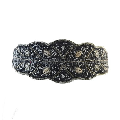 Luxurymania24 black beaded boho flower waist belt for women with shell accents and scalloped edge