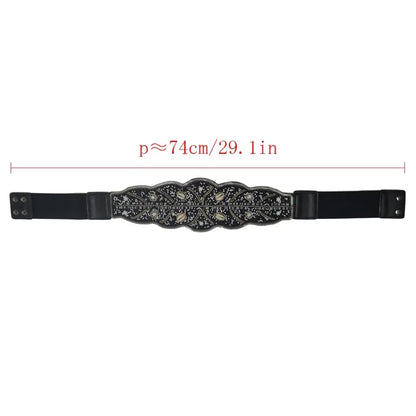 Black elastic boho flower waist belt for women with beaded floral centre panel and snap closures by Luxurymania24