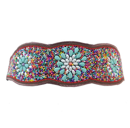 Luxurymania24 beaded boho flower waist belt for women with turquoise and multicolour seed beads