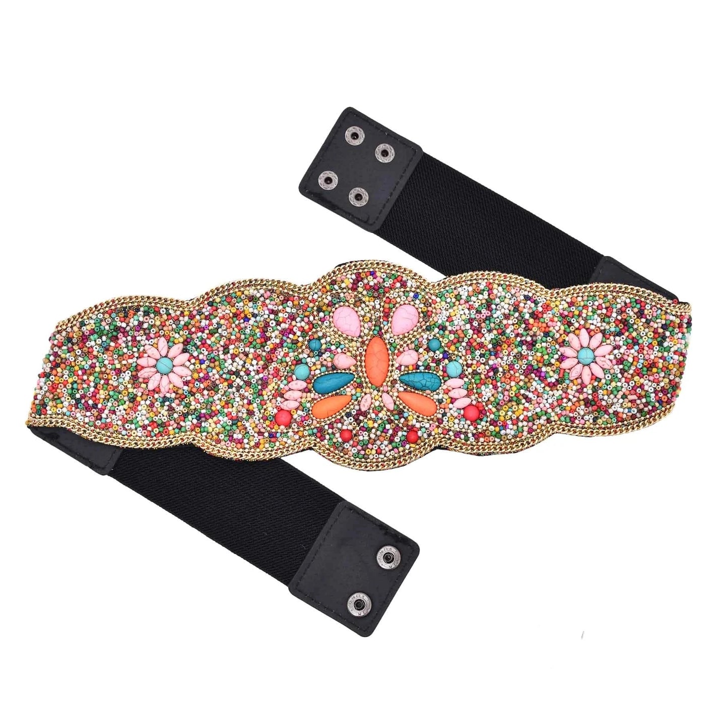 Luxurymania24 boho flower waist belt for women multicolour beaded floral design with scalloped gold trim and black elastic strap