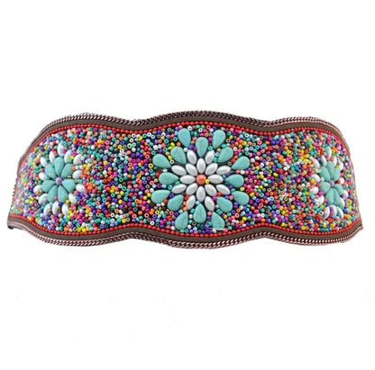 Luxurymania24 colourful beaded boho flower waist belt for women with turquoise floral motifs and multicolour seed beads