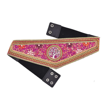 Luxurymania24 pink beaded boho flower waist belt for women with tree medallion gold trim and elastic back