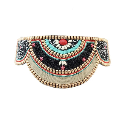 Hand beaded boho flower waist belt for women in turquoise black red and gold with scalloped semicircle panels
