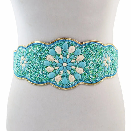Turquoise and cream beaded boho flower waist belt for women with scalloped gold trim and central floral motif