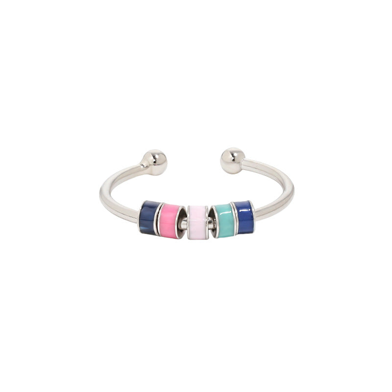 eprolo European Style Drip Oil Ring silver open cuff with navy pink and mint enamel barrel beads