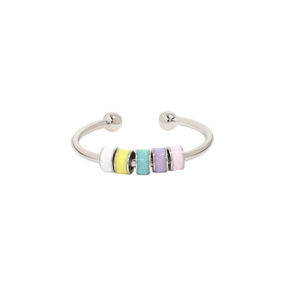 European Style Drip Oil Ring silver adjustable open band with pastel enamel bead discs white yellow aqua lilac pink