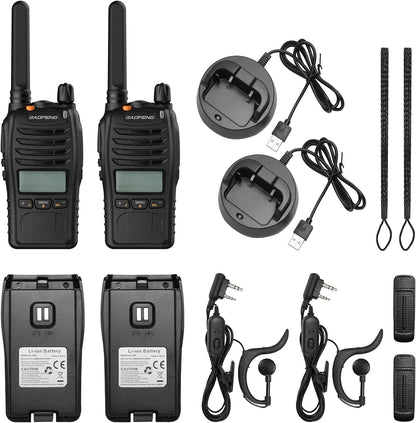 Luxurymania BAOFENG BF-88ST Pro with earpieces walkie talkie set including two radios, chargers, earpieces, and straps