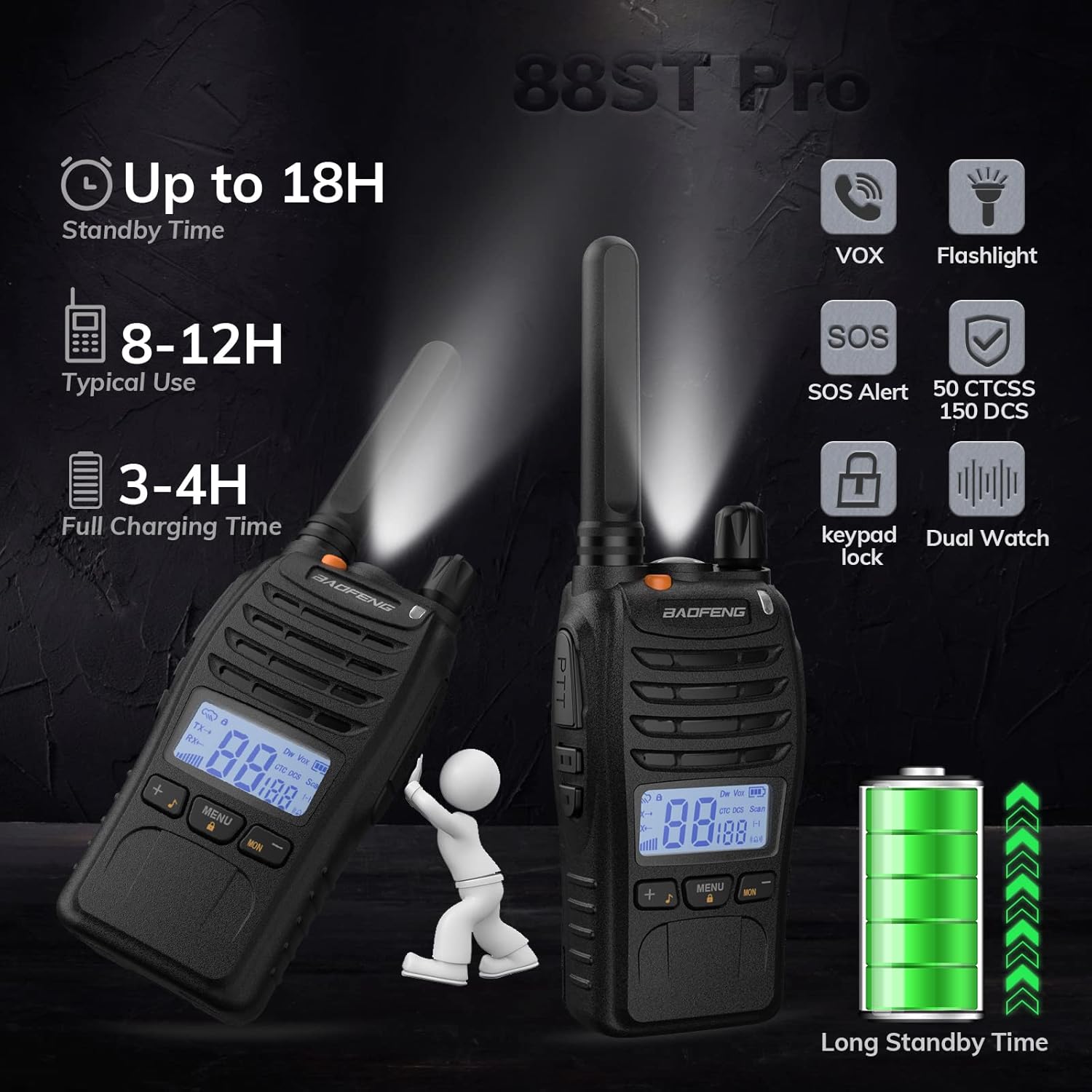 BAOFENG BF-88ST Pro with earpieces walkie talkie showing flashlight and long standby time features
